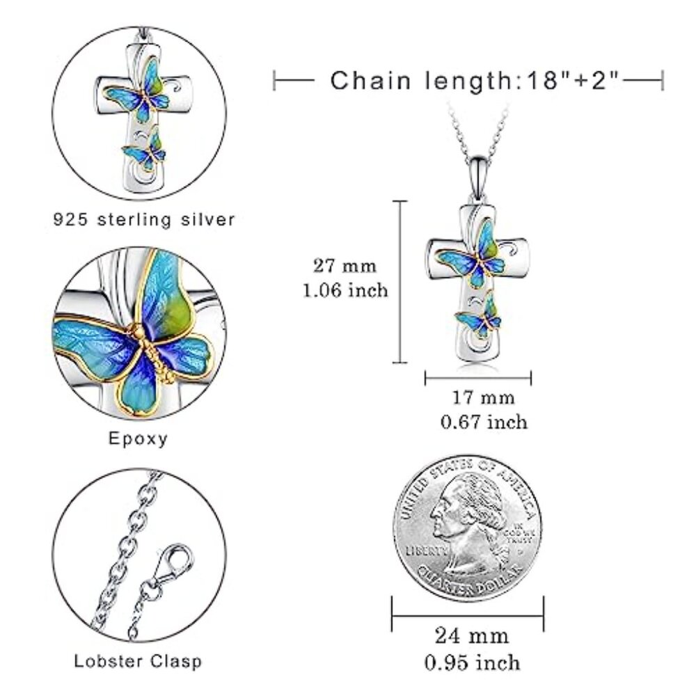 Sterling Silver Cross Butterfly Pendant Necklace Elegant Faith Symbol Jewelry - Picture 6 of 8